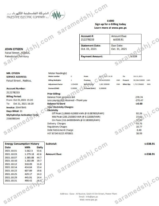 Palestine Electric Company (PEC) utility bill template in Word and PDF format